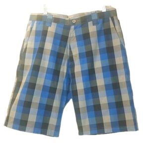 Burnside Long Skater Shorts Men Sz 34 Blue Grey Plaid Preppy School Bermuda Nwt